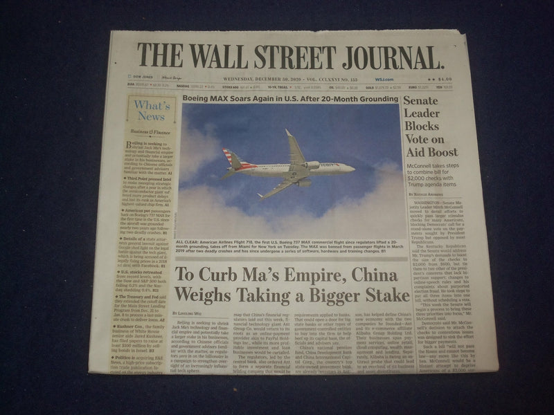 2020 DECEMBER 30 THE WALL STREET JOURNAL -SENATE LEADER BLOCKS VOTE ON AID BOOST