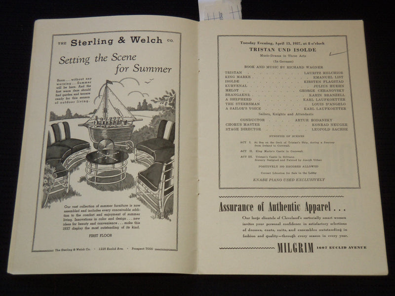 1937 TENTH GRAND OPERA SEASON PROGRAM - CLEVELAND - RUSTICANA - J 8015