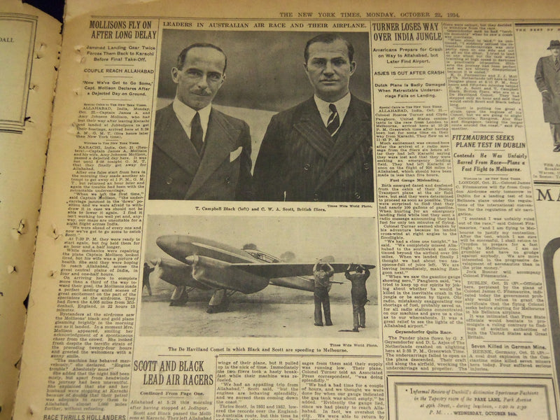 1934 OCT 22 NEW YORK TIMES - SCOTT & BLACK LEADING BY 8 HOURS SINGAPORE- NT 1623