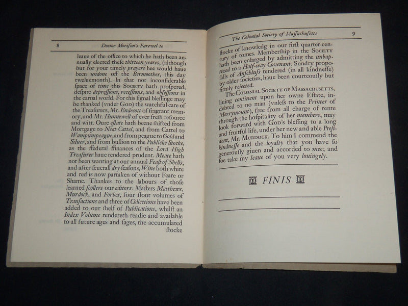 1939 DOCTOR MORISON'S FAREWEL TO COLONIAL SOCIETY OF MASSACHUSETTS BOOK - J 9209
