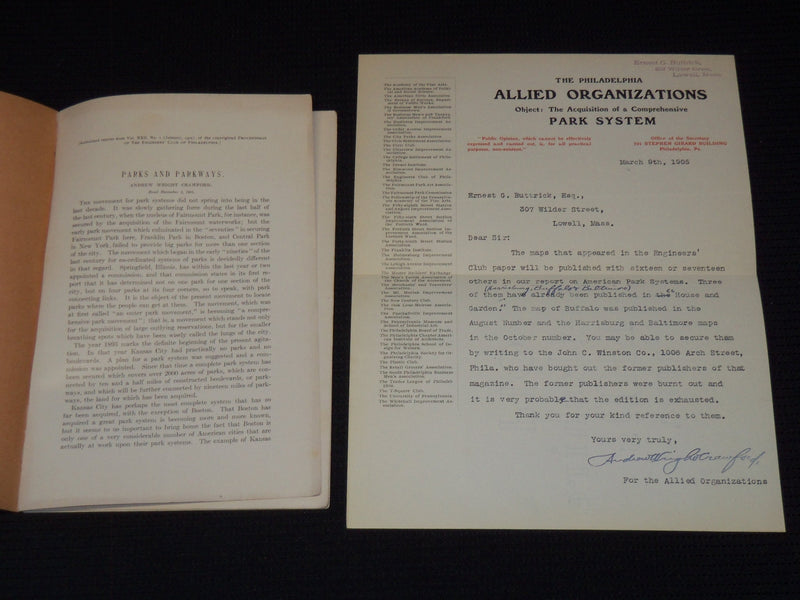 1905 PARKS AND PARKWAYS BY ANDREW WRIGHT CRAWFORD - LESLIE MILLER - J 7975