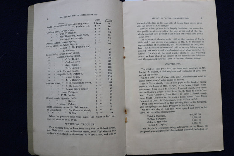 1895 NORTHBROOKFIELD WATER COMMISSIONERS ANNUAL REPORT SOFTCOVER BOOK - K 851