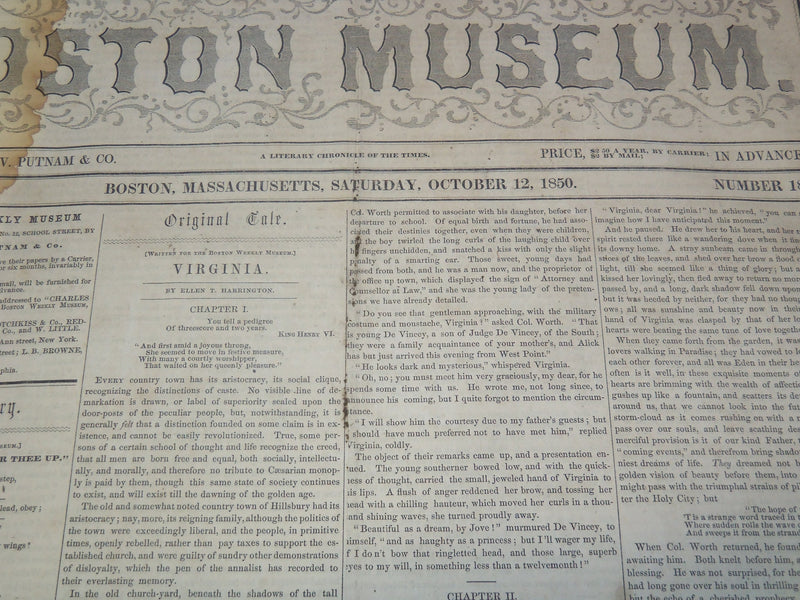 1850 OCTOBER 12 BOSTON MUSEUM NEWSPAPER - JENNY LIND - ANN SNELLING - NP 9050