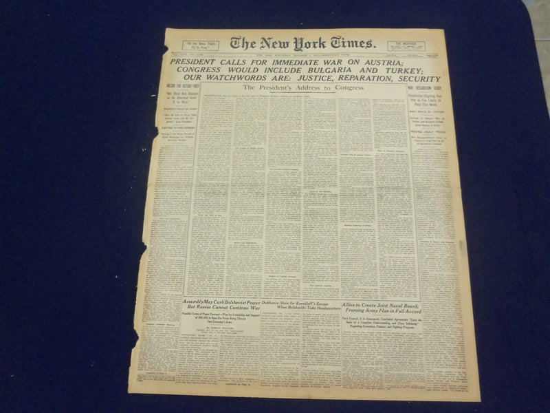 1917 DEC 5 NEW YORK TIMES - PRESIDENT CALLS FOR IMMEDIATE WAR ON AUSTRIA-NT 8252