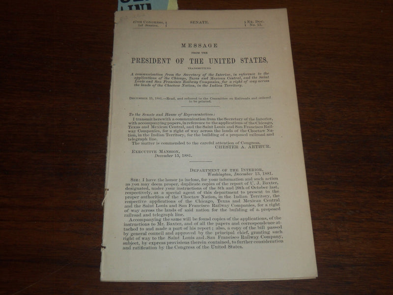 1881 DECEMBER 15 PRESIDENT CHESTER ARTHUR MESSAGE - INDIANS - K 1236