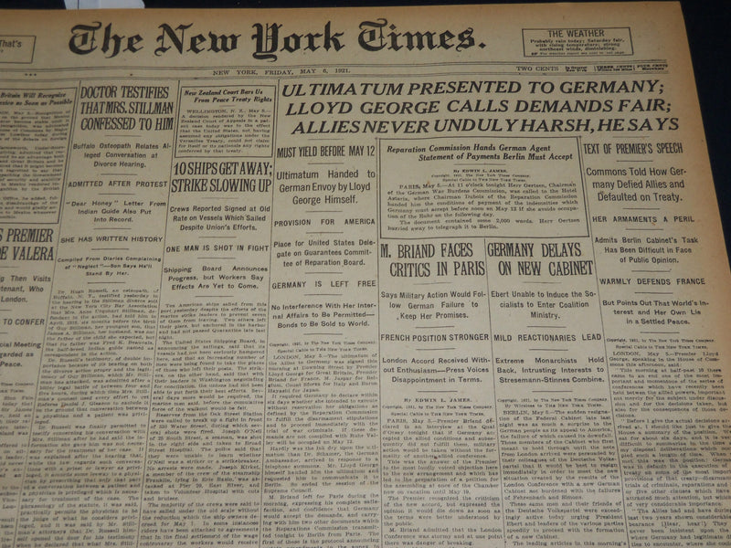 1921 MAY 6 NEW YORK TIMES NEWSPAPER - ULTIMATUM PRESENTED TO GERMANY - NT 7842