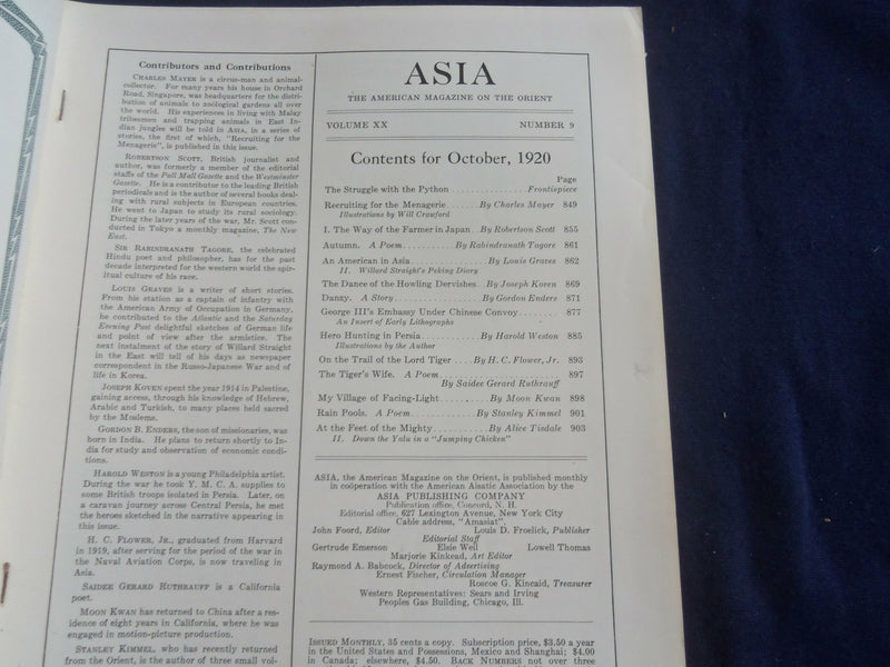 1920 OCTOBER ASIA MAGAZINE - GREAT PHOTOS & STORIES - SP 1222L