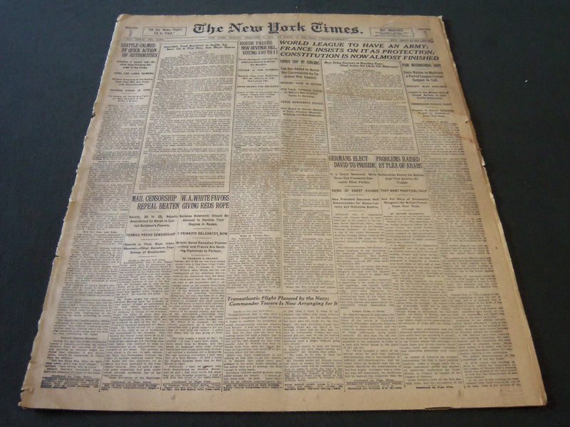 1919 FEBRUARY 9 NEW YORK TIMES - WORLD LEAGUE TO HAVE AN ARMY - NT 6201