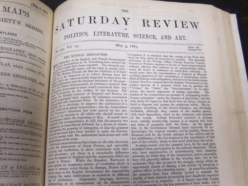 1863 SATURDAY REVIEW 2 BOUND VOLUMES - COMPLETE YR- PUBLISHED IN LONDON - R 1083