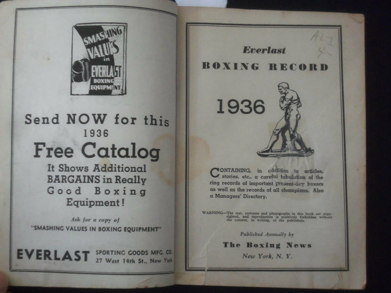 1936 EVERLAST BOXING RECORD BOOK - J 6495