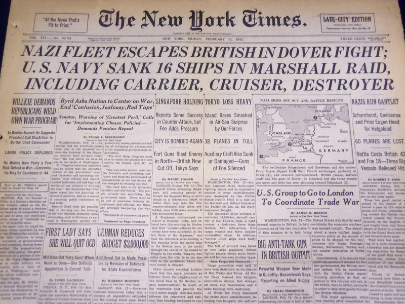 1942 FEB 13 NEW YORK TIMES - NAZI FLEET ESCAPES BRITISH-OVER FIGHT - NT 1251