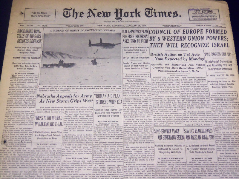1949 JANUARY 29 NEW YORK TIMES - COUNCIL TO RECOGNIZE ISRAEL - NT 3643