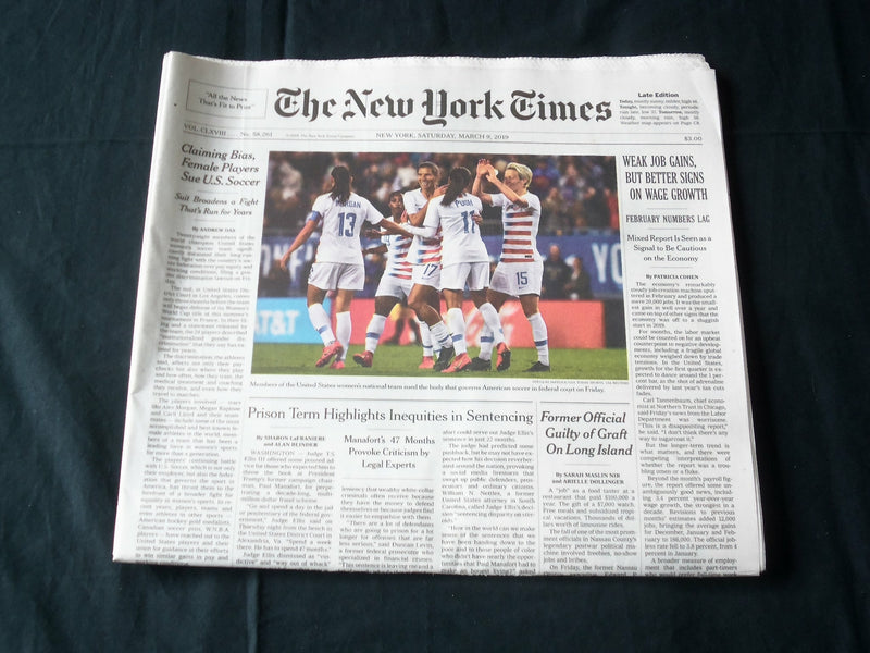 2019 MARCH 9 NEW YORK TIMES - CLAIMING BIAS, FEMALE PLAYERS SUE U.S. SOCCER