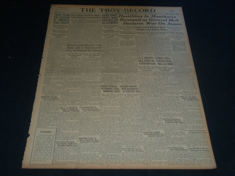 1931 NOVEMBER 10 TROY MORNING RECORD - HOSTILITIES IN MANCHURIA RENEWED- NT 7485