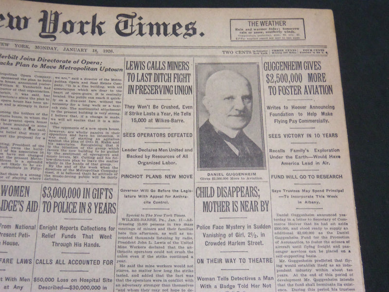 1926 JANUARY 18 NEW YORK TIMES - GUGGENHEIM GIVES $2,500,000 TO FOSTER - NT 7041