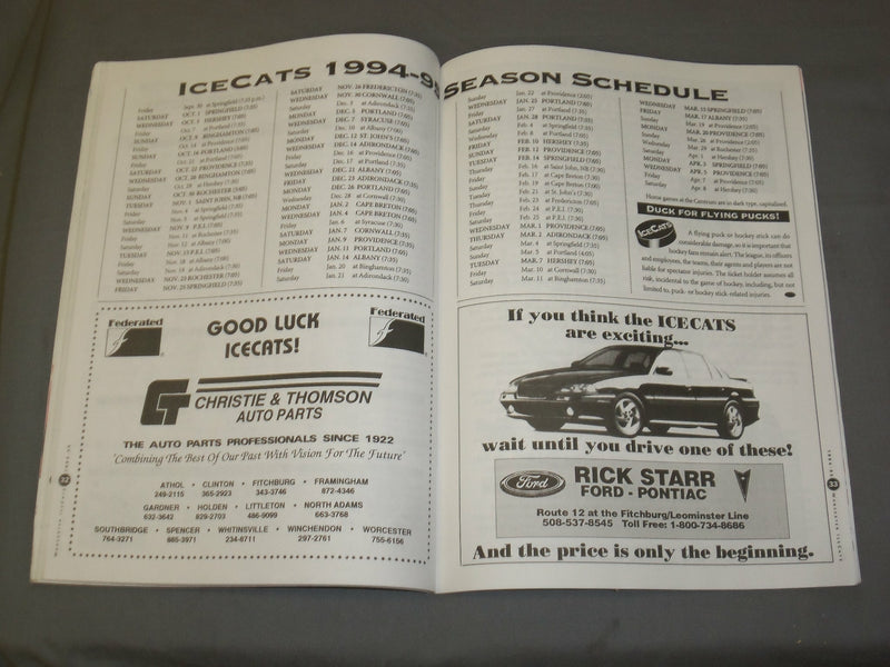 1994-1995 WORCESTER ICE CATS HOCKEY PROGRAM - J 4099