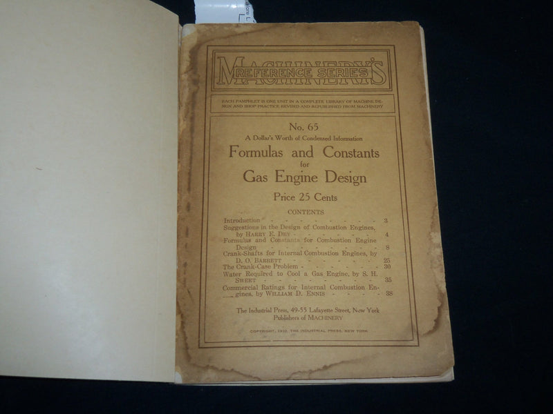 1910 MACHINERY'S FORMULAS FOR GAS ENGINE DESIGN PAMPHLET NO. 65 - J 6579