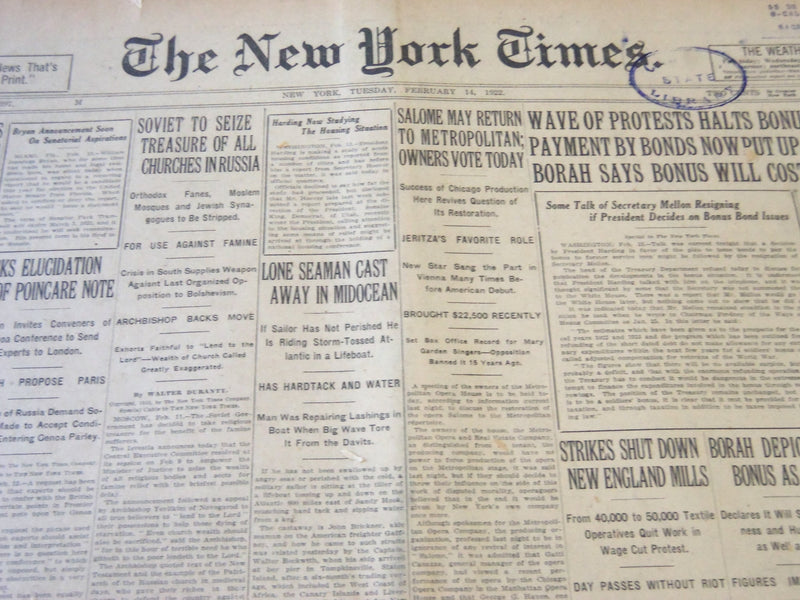 1922 FEBRUARY 14 NEW YORK TIMES - SALOME MAY RETURN TO METROPOLITAN - NT 5775