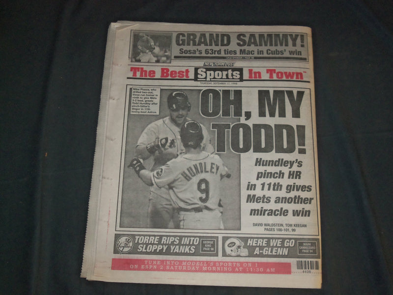 1998 SEPTEMBER 17 NEW YORK POST NEWSPAPER - SAMMY SOSA HITS HR 63 - NP 4130
