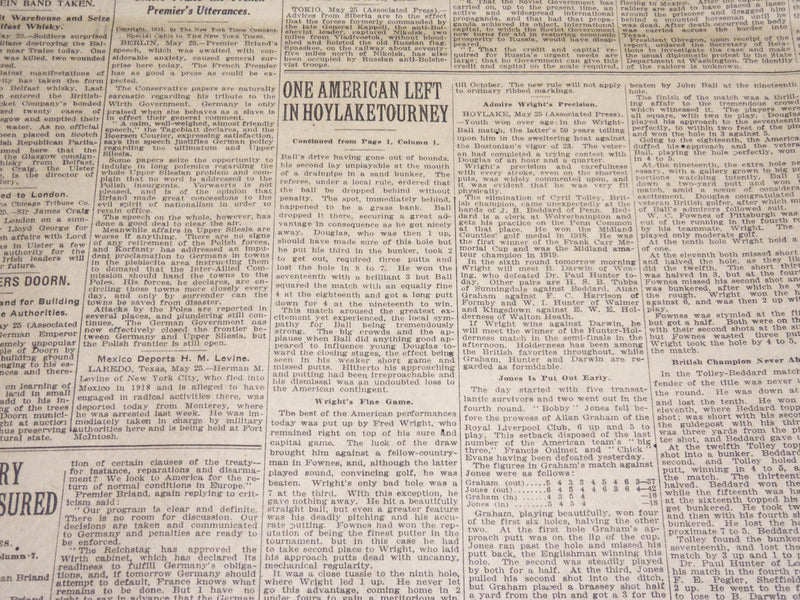 1921 MAY 26 NEW YORK TIMES - ONE AMERICAN LEFT IN HOYLAKE TOURNEY - NT 7857