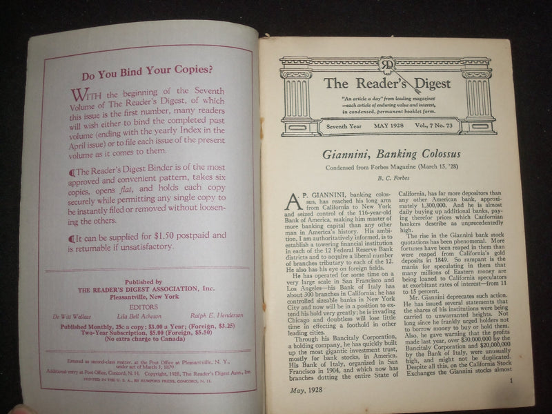 1928 MAY THE READER'S DIGEST SOFTCOVER BOOK - NUMBER 73 - J 9915