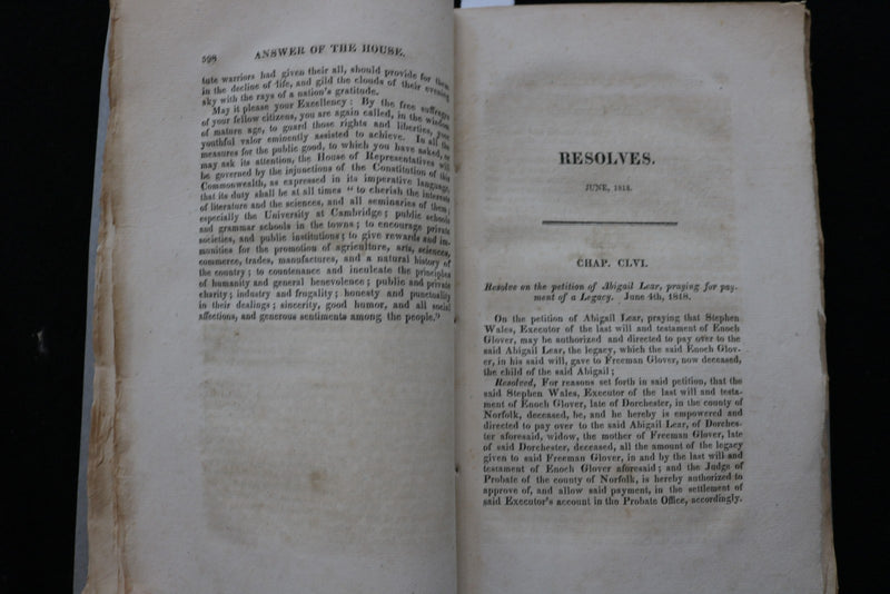 1818 RESOLVES OF THE GENERAL COURT OF MASSACHUSETTS - SOFTCOVER BOUND - K 2884