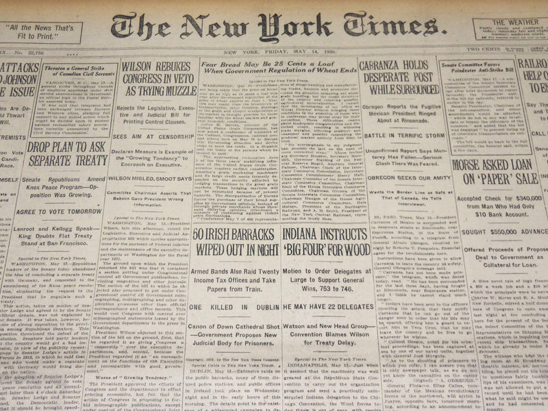 1920 MAY 14 NEW YORK TIMES - WILSON REBUKES CONGRESS IN VETO - NT 8676