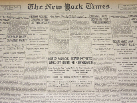 1920 MAY 14 NEW YORK TIMES - WILSON REBUKES CONGRESS IN VETO - NT 8676