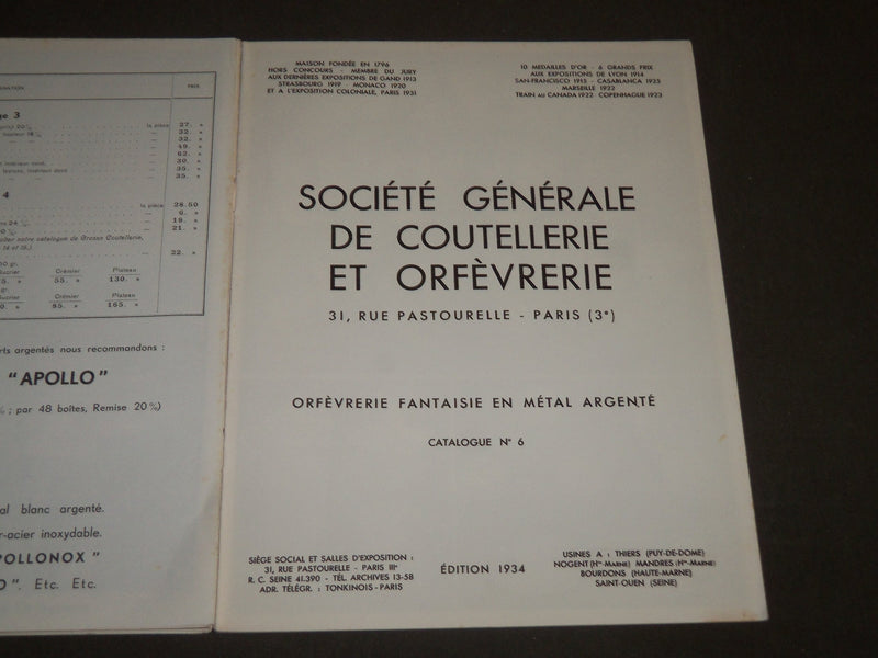 1934 SOCIETE GENERALE DE COUTELLERIE ET ORFEVRERIE FRENCH CATALOGUE N 6 - FR 442