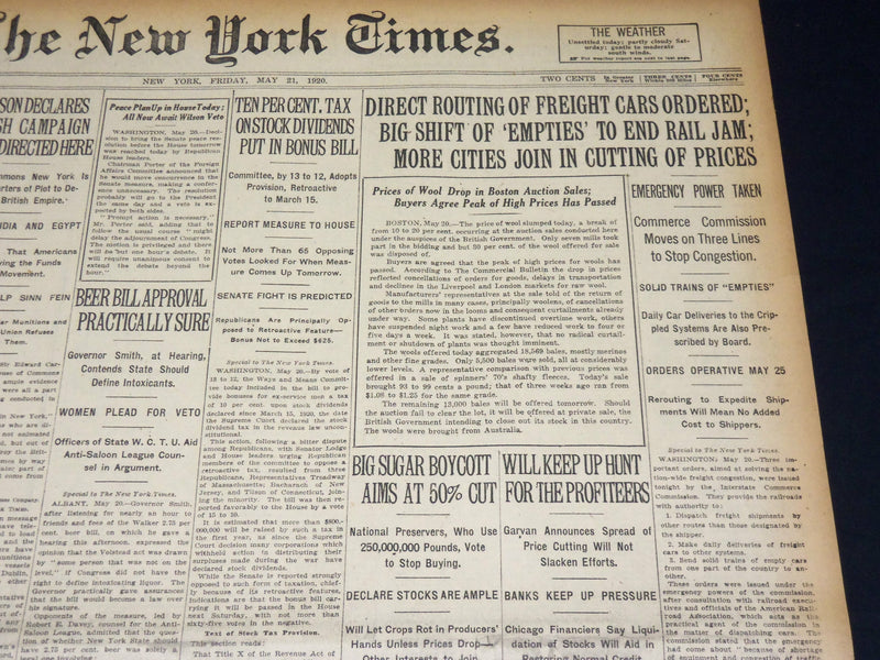 1920 MAY 21 NEW YORK TIMES NEWSPAPER - DIRECT ROUTING OF FREIGHT CARS - NT 8687