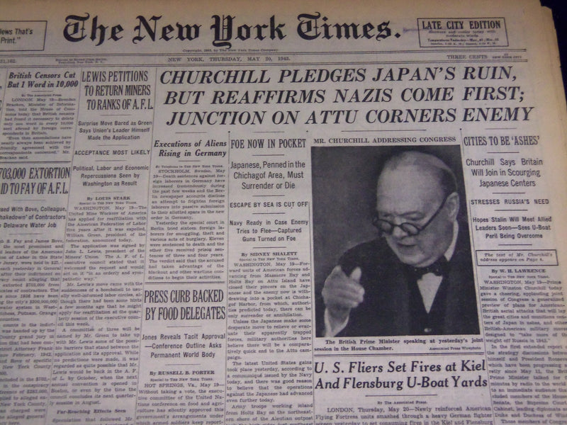 1943 MAY 20 NEW YORK TIMES CHURCHILL PLEDGES JAPAN'S RUIN, NAZIS FIRST - NT 1913