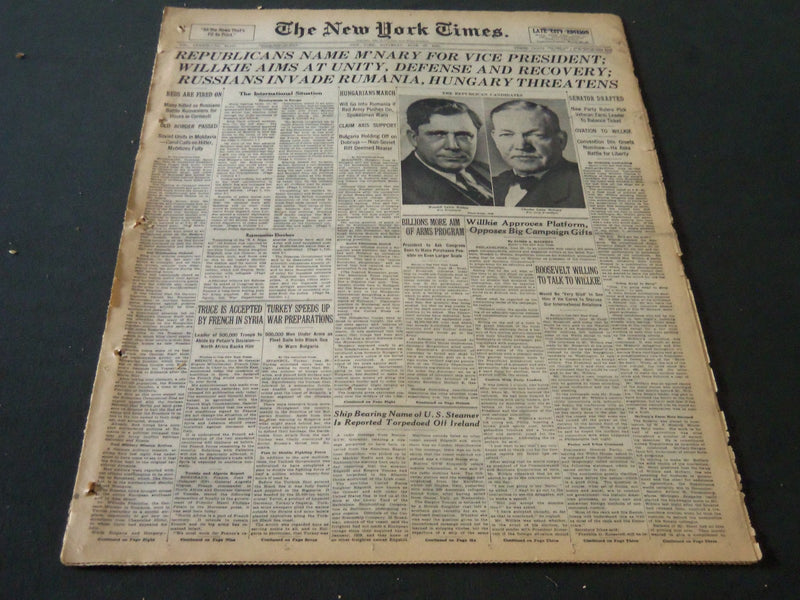 1940 JUNE 29 NEW YORK TIMES - REPUBLICANS NAME M'NARY FOR V. P. - NT 5537