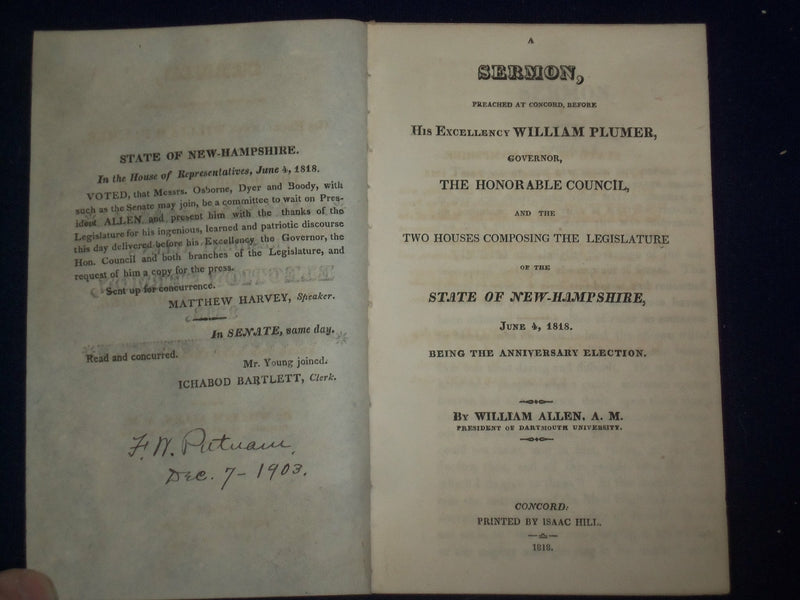 1818 NEW HAMPSHIRE SERMON BEFORE GOVERNOR WILLIAM PLUMER - J 4709