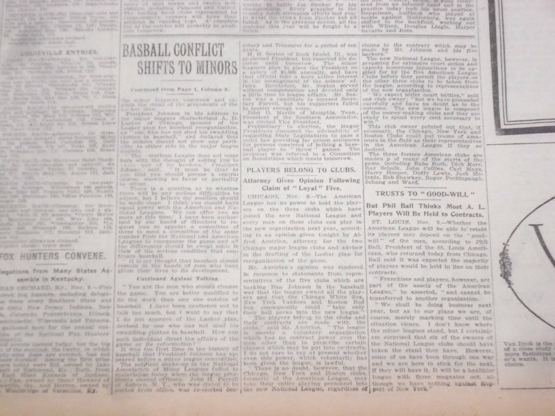 1920 NOVEMBER 10 NEW YORK TIMES - BASEBALL CONFLICT SHIFTS TO MINORS - NT 8450