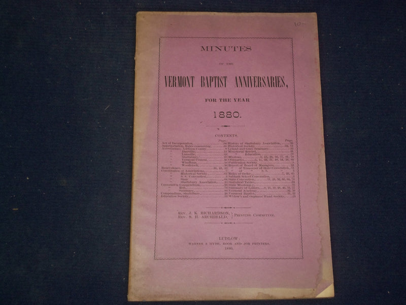 1880 VERMONT BAPTIST ANNIVERSARIES MINUTES - J 4475