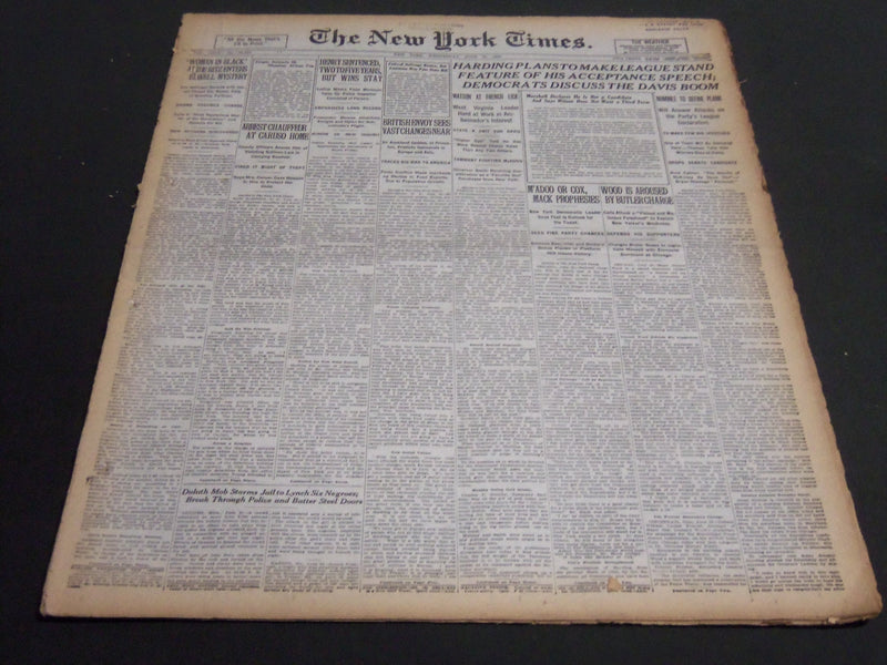 1920 JUNE 16 NEW YORK TIMES - HARDING MAKES LEAGUE STAND FEATURE SPEECH- NT 6944
