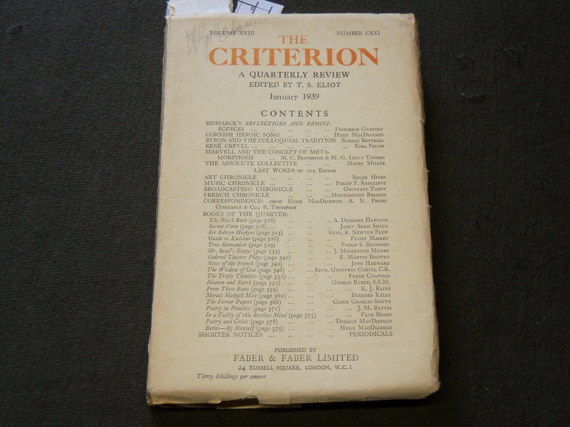 1939 JANUARY THE CRITERION QUARTERLY REVIEW MAGAZINE - POUND - MILLER - J 6159