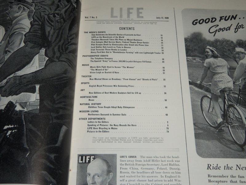 1939 JULY 17 LIFE MAGAZINE - LORD HALIFAX COVER - L 139