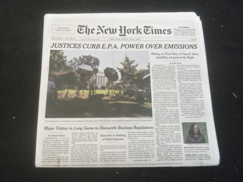 2022 JULY 1 NEW YORK TIMES - JUSTICES CURB E.P.A. POWER OVER EMISSIONS