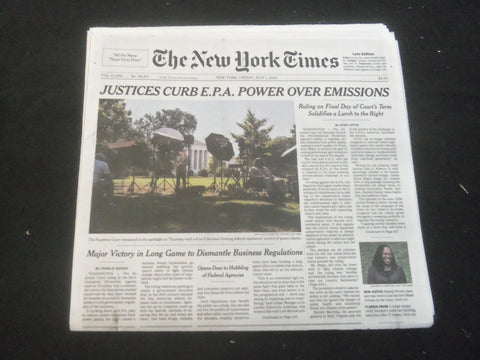 2022 JULY 1 NEW YORK TIMES - JUSTICES CURB E.P.A. POWER OVER EMISSIONS