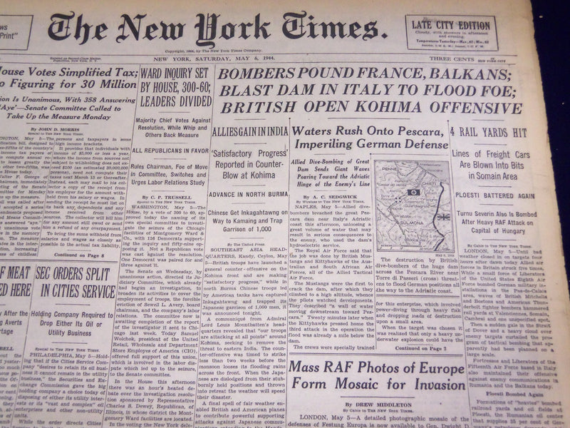 1944 MAY 6 NEW YORK TIMES - BOMBERS POUND FRANCE, BALKANS - NT 1727