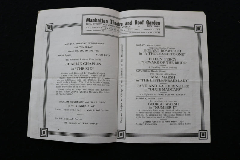 1921 MARCH CHARLIE CHAPLIN IN THE KID PROGRAM - MANHATTAN THEATRE - K 1859
