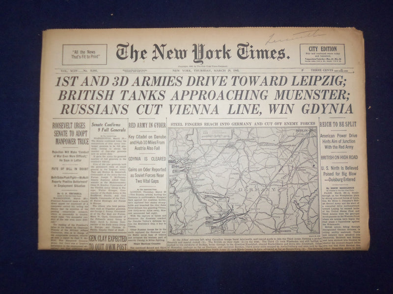 1945 MARCH 29 NEW YORK TIMES - 1ST AND 3D ARMIES DRIVE TOWARD LEIPZIG - NP 6680