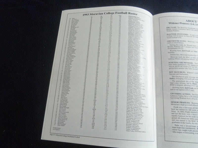 1993 SEPTEMBER 25 FOOTBALL PROGRAM - WIDENER UNIV VS MOROVIAN UNIV - SP 1217X