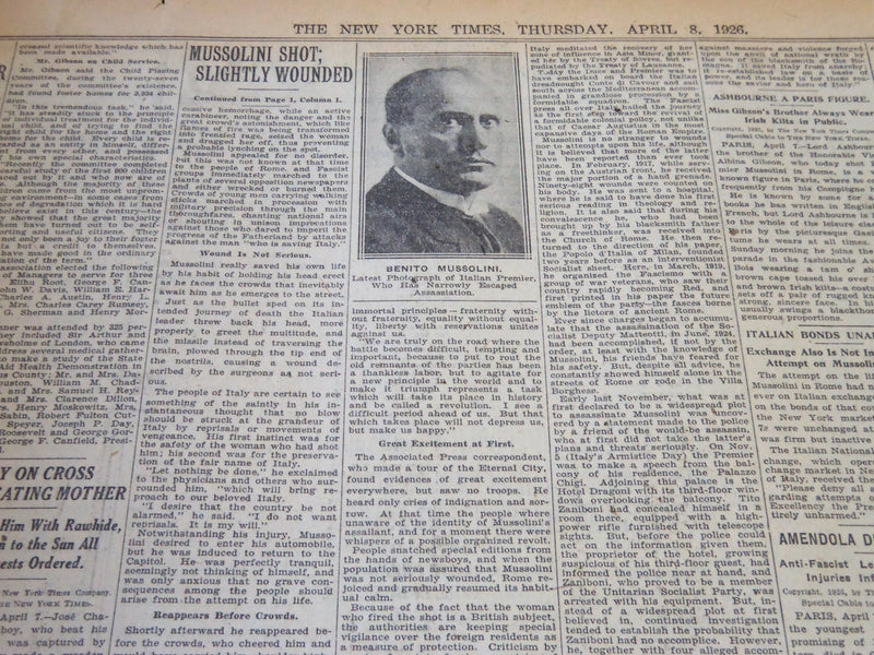 1926 APR 8 NEW YORK TIMES - MUSSOLINI SLIGHTLY WOUNDED BY BULLET - NT 5687