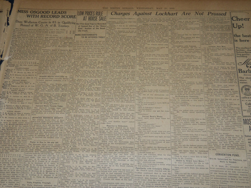 1910 MAY 25 THE BOSTON HERALD - CHARGE AGAINST LOCKHART NOL PROSSED - BH 336