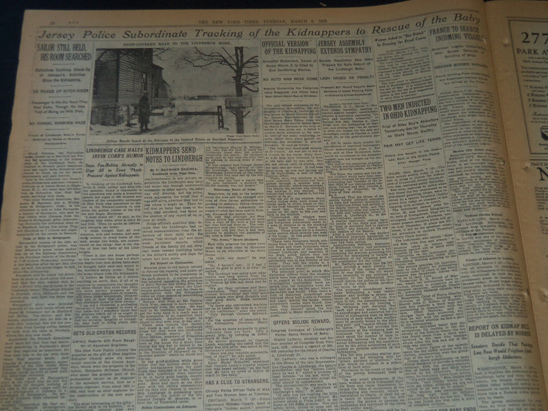 1932 MARCH 8 NEW YORK TIMES - LINDBERGH TO NEGOTIATE RETURN OF CHILD - NT 7428