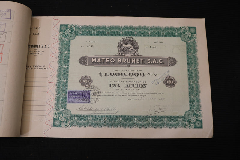1938 MATEO BRUNET STOCK CERTIFICATE BOOK - URUGUAY - KD 3351F