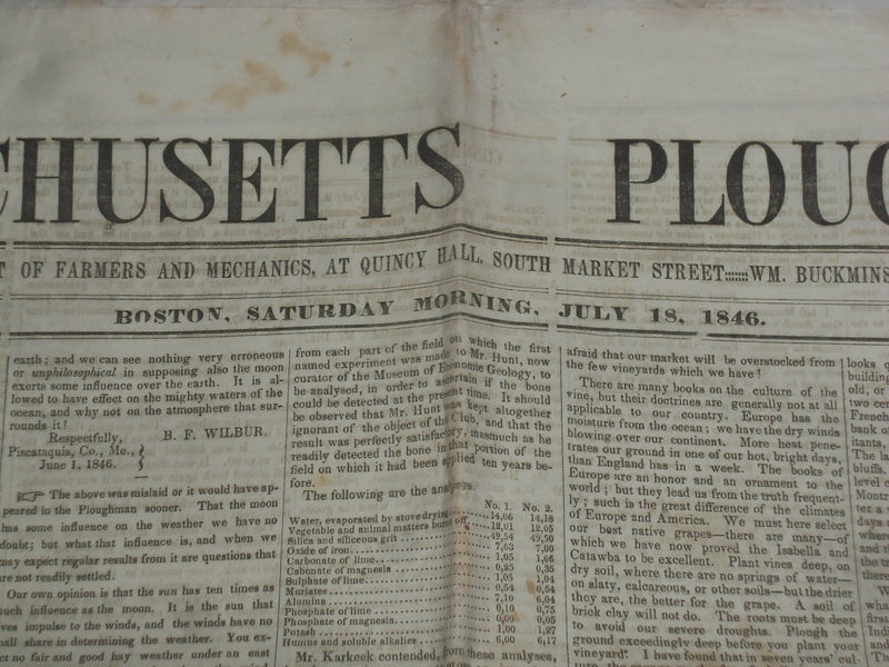 1846 JULY 18 MASSACHUSETTS PLOUGHMAN NEWSPAPER- BUNKER HILL - PATTERSON- NP 5125