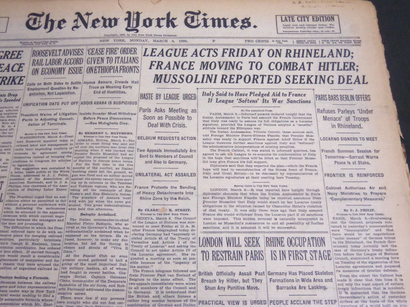 1936 MARCH 9 NEW YORK TIMES - LEAGUE ACTS FRIDAY ON RHINELAND - NT 6880